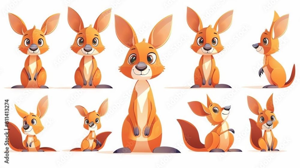 Obraz premium A collection of cute cartoon kangaroos in different poses. They are all different colors and have different expressions on their faces.