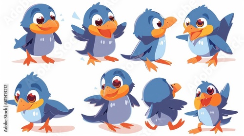 A cartoon of a blue bird in various poses.