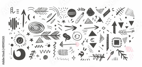  Set of hand drawn doodle arrows, circles and shapes for design elements vector illustration on a white background. Doodled in the style of various artists
