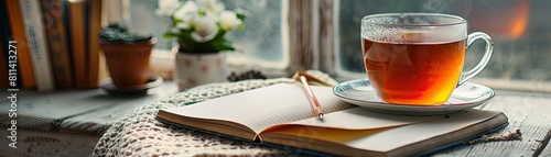 Enjoying a relaxing tea break with a notebook and pencil on a quaint table © Vodkaz