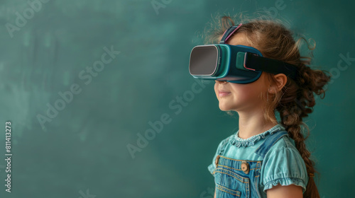 A young girl with a VR headset stands against a teal background, exploring a virtual environment with curiosity.