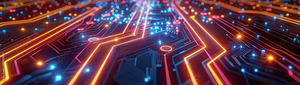 The complex routes of a circuit board are illuminated by neon lines, radiating with vitality as processors perform calculations at quantum velocities, underlying concept The complex routes of a circuit board are illuminated by neon lines, radiating with vitality as processors perform calculations at quantum velocities, underlying concept