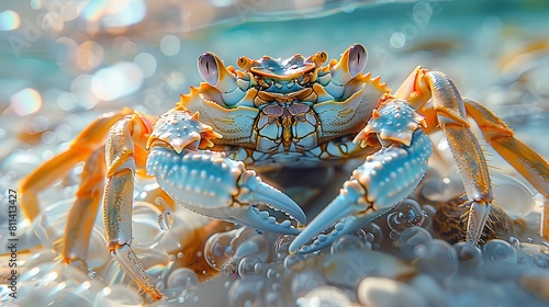 A blue crab stands alert in sparkling shallow waters  its intricate patterns and textures enhanced by the shimmering light.