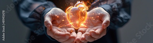 The concept of hope and healing for individuals with cardiovascular problems is symbolized by the image of a human heart suspended in the palms of two hands