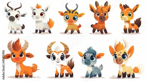 A group of cute cartoon antelopes with different colors and poses.