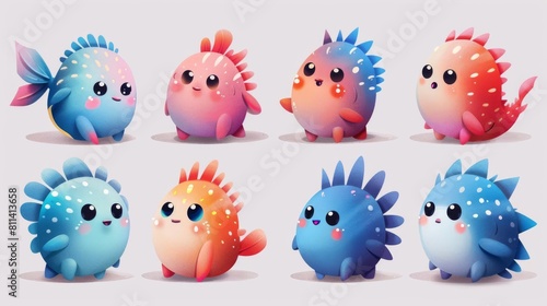 A set of cute and colorful blob monsters. They have big eyes  sharp teeth  and are all different colors.