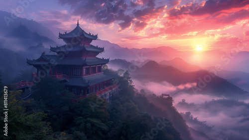 Chinese ancient buddhist house in amazing landscape nature sunset time