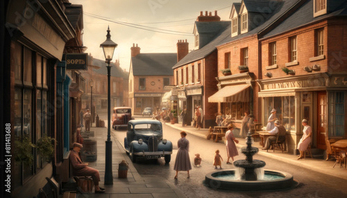 A bustling old-fashioned street scene in a vintage town setting, complete with classic cars and pedestrians.