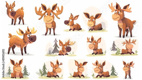 A set of cute cartoon moose in different poses