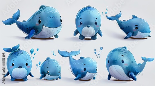 A set of cute cartoon whales. They are blue and have big eyes. They are all smiling and look happy. photo