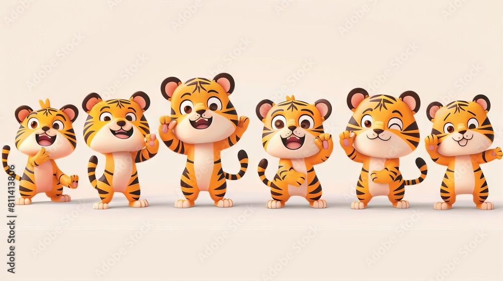 Cute cartoon tiger characters with different poses and expressions. Perfect for detskoi book illustrations,nuigurumi, and other merchandise. Cute cartoon tiger characters with different poses and expressions. Perfect for detskoi book illustrations,nuigurumi, and other merchandise.