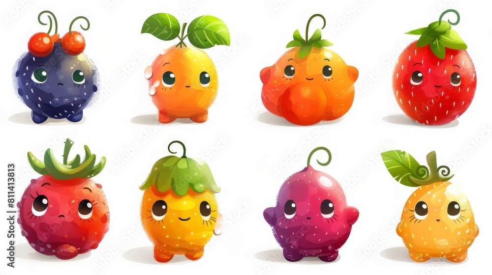 Cute fruit characters. mascots for fresh organic fruits. Blackberry, orange, tangerine, strawberry, raspberry, blueberry, plum, and pineapple. Cute fruit characters. mascots for fresh organic fruits. Blackberry, orange, tangerine, strawberry, raspberry, blueberry, plum, and pineapple.