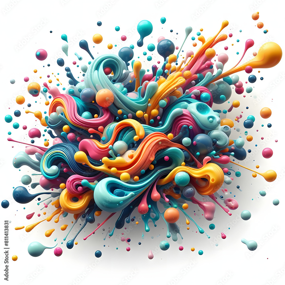 Colorful splattered, paint explosion, small drops and curvy flows, isolated on a white background, 3d render Colorful splattered, paint explosion, small drops and curvy flows, isolated on a white background, 3d render