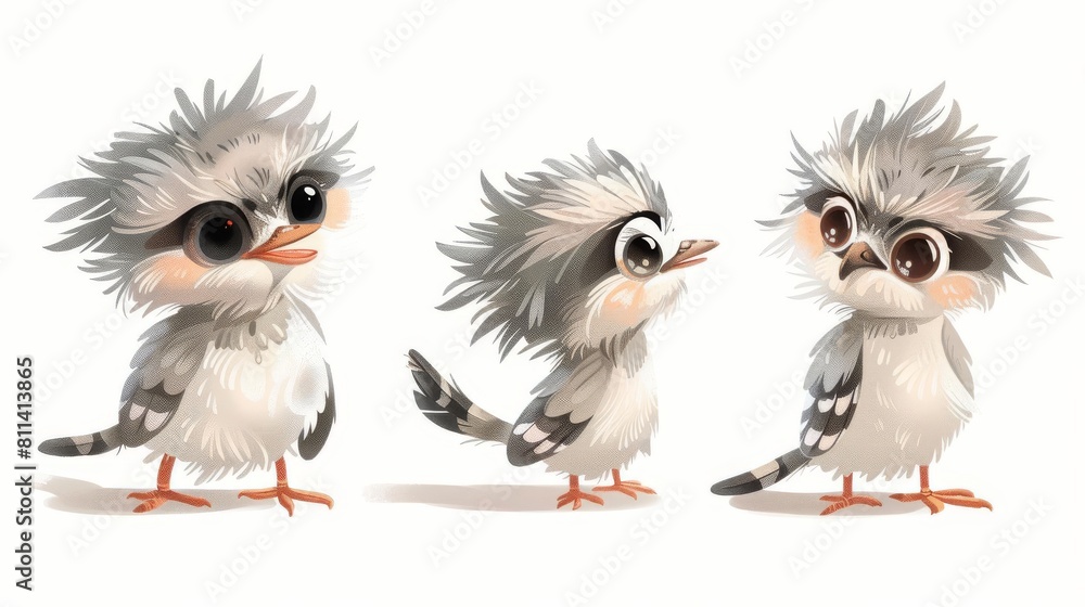 Fototapeta premium Three cute cartoon kookaburra birds with big eyes and fluffy feathers.