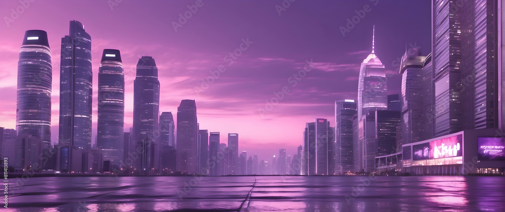 Neon-lit skyline in the twilight haze Neon-lit skyline in the twilight haze