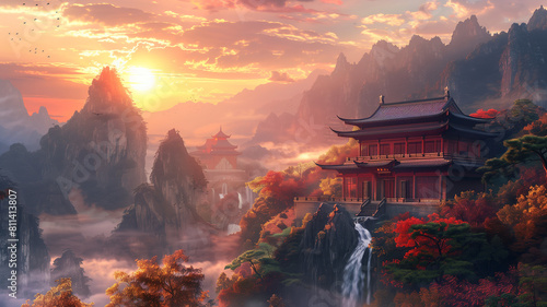 Chinese ancient buddhist house in amazing landscape nature sunset time
