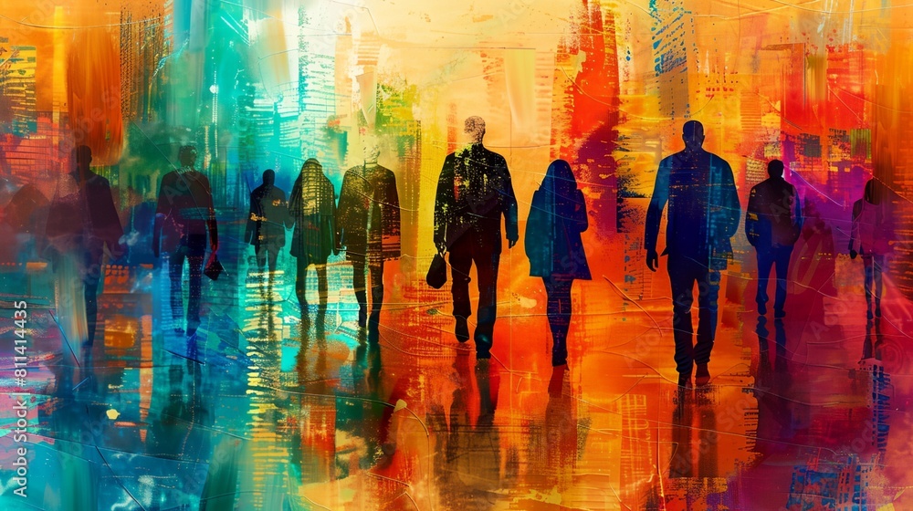 a painting of people walking in a city with a colorful background