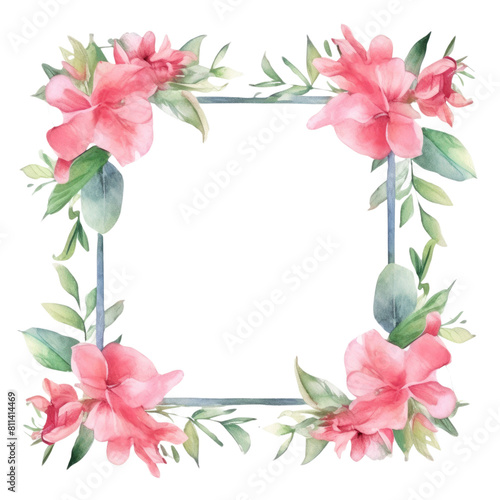 Geometric pastel watercolor frame with pink flowers and green leaves. Hexagon picture frame decorated with pink flower. Modern botany concept for wedding invitation and home decor design. AIG35.