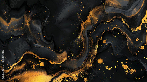 Black gold abstract background of marble liquid ink art painting on paper . Image of original artwork watercolor alcohol ink paint on high quality paper texture .