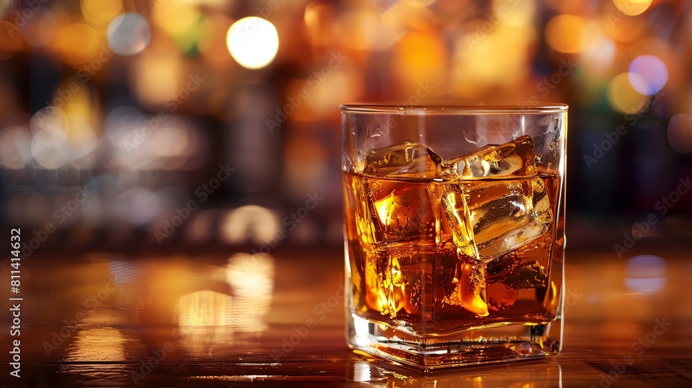 a glass of drink with ice on a table in a bar a glass of drink with ice on a table in a bar