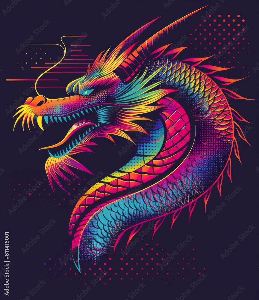 Vibrant rainbow dragon on a black background, perfect for t-shirt graphic design