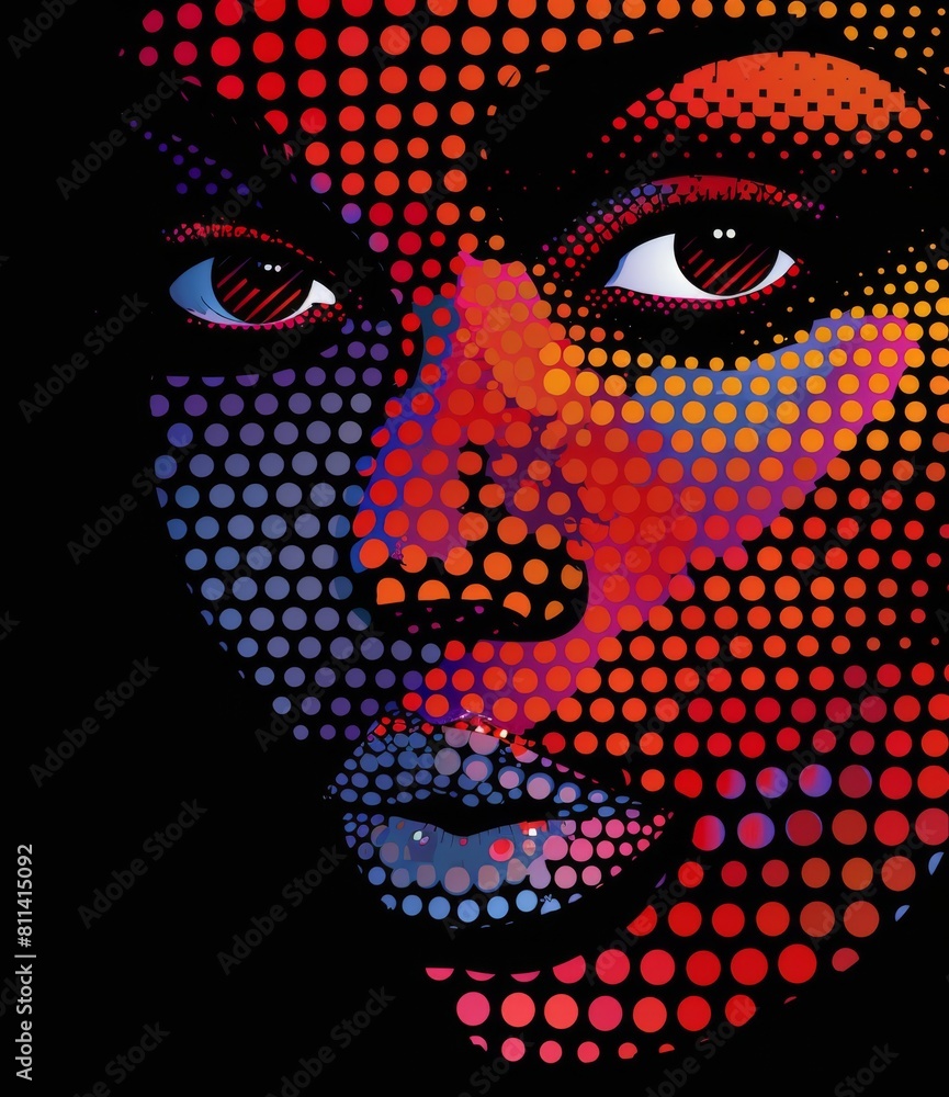 A womans face embellished with a variety of vibrant colored dots, creating a visually striking and artistic design against a black backdrop A womans face embellished with a variety of vibrant colored dots, creating a visually striking and artistic design against a black backdrop