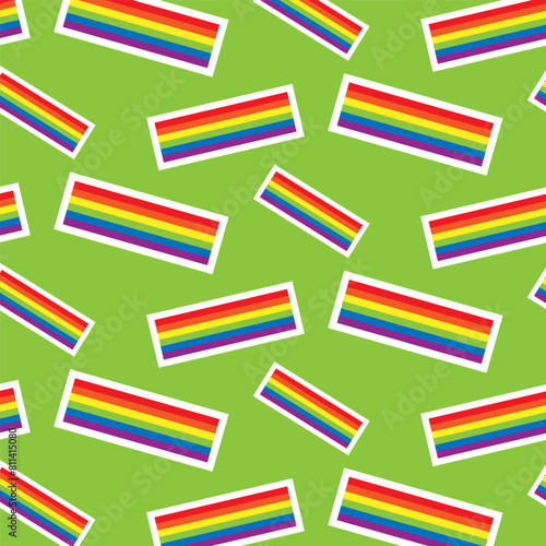 Colorful seamless pattern with LGBT symbols. Lesbians, gays, bisexuals, transsexuals. LGBT holiday flag. Cartoon texture on a light green background for decoration and printing of packaging, fabric.