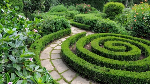 A hedge trimmed like a puzzle maze  creating a labyrinthine garden path