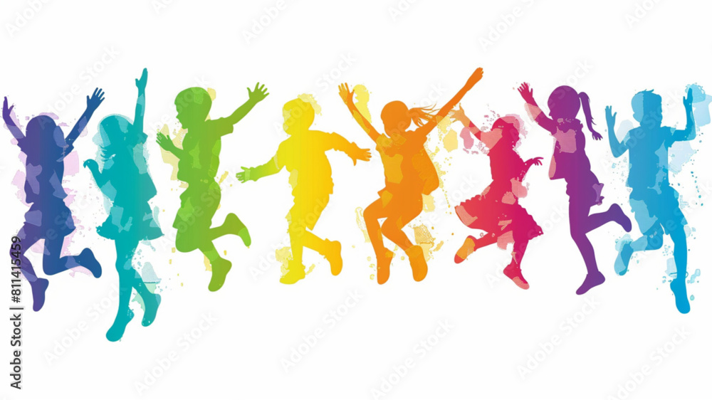 Vector, isolated, silhouette children jumping, multicolored silhouettes, childhood 3D avatars set vector icon, white background, black colour icon