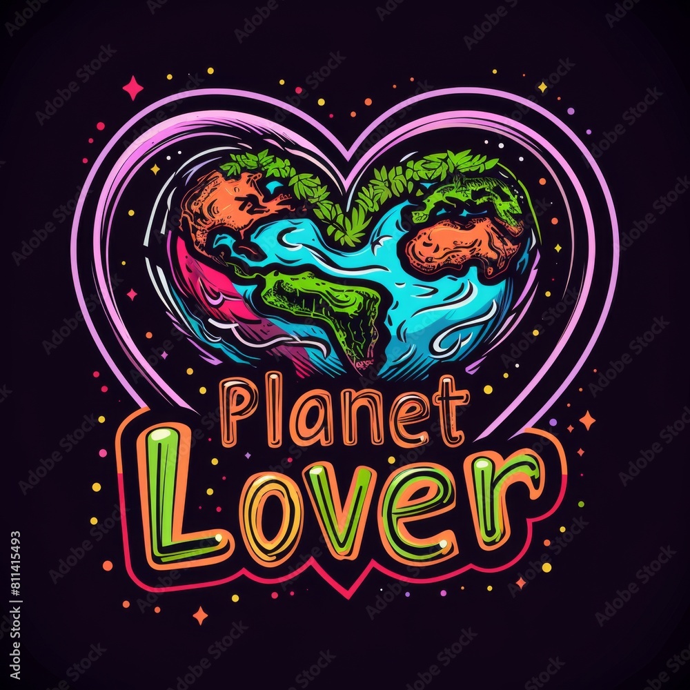 A vibrant heart shaped planet with bold text reading Planet Lover on a black background