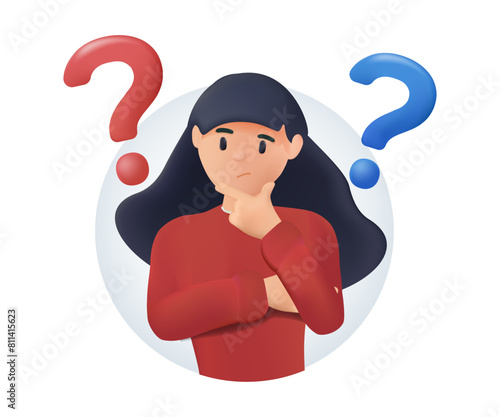 Young woman doubts and questioning everything. Business young girl in casual clothes surrounded by a question mark. 3D cartoon vector illustration