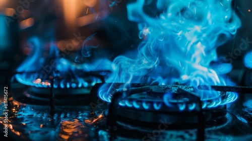 An industrial resource and economics notion is shown in this close-up of a blue fire blazing on the stovetop of a residential kitchen gas burner. photo