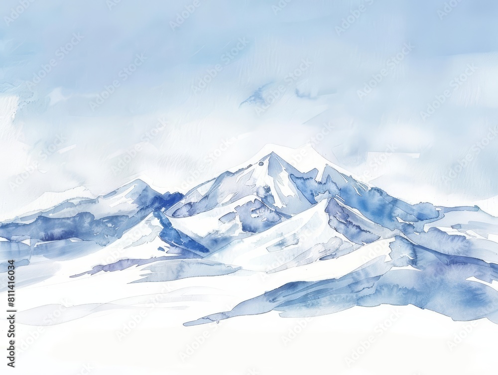 A set of watercolor of a snowy mountain range under a clear blue sky, capturing the crisp, cold air of winter, Clipart isolated concept minimal with white background A set of watercolor of a snowy mountain range under a clear blue sky, capturing the crisp, cold air of winter, Clipart isolated concept minimal with white background