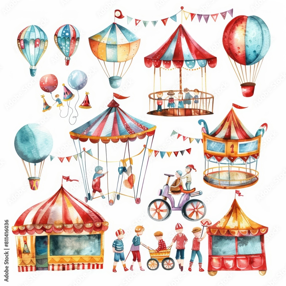A set of watercolor of a lively carnival with festive decorations and joyful crowds, Clipart isolated minimal with white background A set of watercolor of a lively carnival with festive decorations and joyful crowds, Clipart isolated minimal with white background