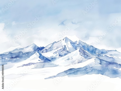 A set of watercolor of a snowy mountain range under a clear blue sky, capturing the crisp, cold air of winter, Clipart isolated concept minimal with white background