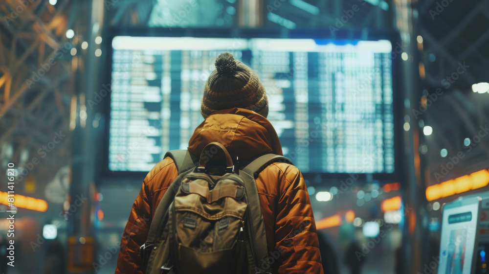 Traveler at Airport Checking Flight Information Traveler at Airport Checking Flight Information