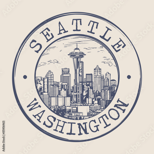 Seattle, Washington Stamp City Postmark. Silhouette Postal Passport. Round Vector Icon. Vintage Postage Design.	

