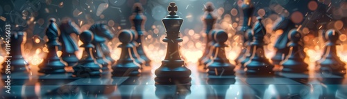 Intricately designed chess pieces radiating a soft, ethereal glow, ready for battle photo