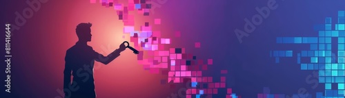 Shadowy figure manipulating digital world with stolen key in vibrant gradients