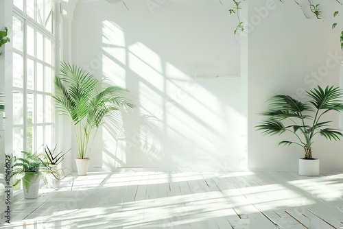 Minimal living room with indoor plants. Bright authentic home interior with plants. Home gardening and biophilic design Sunlight fills the spacious, airy rooms