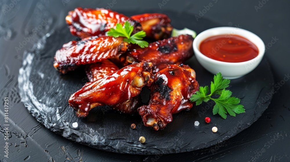 Hot and spicy bbq chicken wings with dip and hot sauce on black stone plate