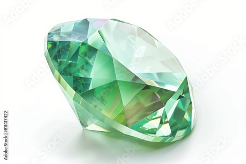 A single green crystal gemstone with a vibrant hue and detailed facets, beautifully isolated on a white background