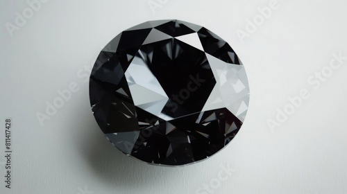 A single  impressive black diamond jewel placed centrally  with a focused light that highlights its intricate cuts  on a stark white backdrop