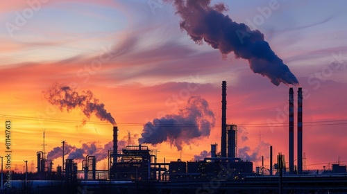 Panoramic view of a modern industrial plant emitting steam at sunset  smokestacks silhouetted against the fiery sky