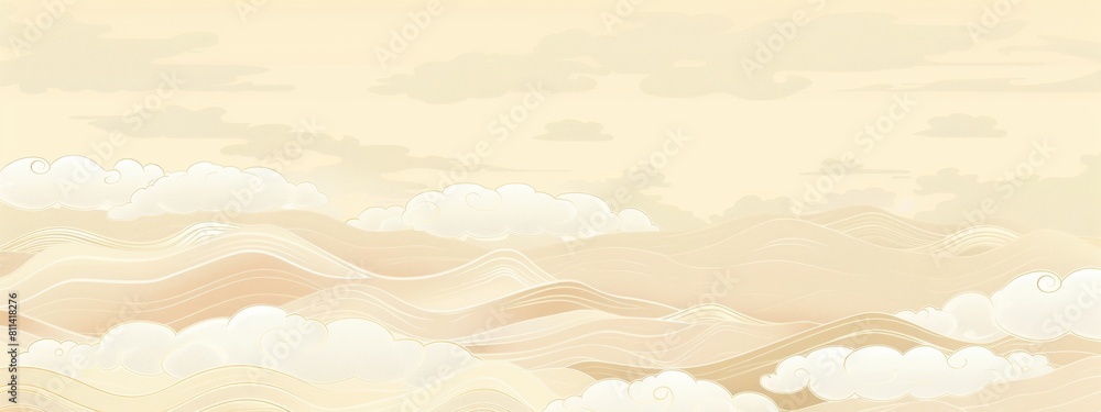 A background with a beige gradient of clouds, simple lines and curves in the style of a Chinese pattern, a light gold color scheme, a vector illustration in a flat design.