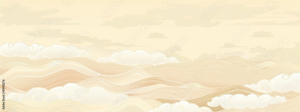 A background with a beige gradient of clouds, simple lines and curves in the style of a Chinese pattern, a light gold color scheme, a vector illustration in a flat design. A background with a beige gradient of clouds, simple lines and curves in the style of a Chinese pattern, a light gold color scheme, a vector illustration in a flat design.