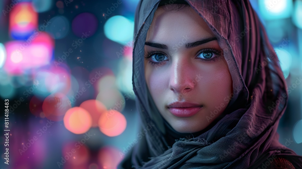 A young Arab-looking woman in a futuristic city bathed in shades of purple in a technological atmosphere. Beautiful woman under neon lights and holograms of a futuristic city. A young Arab-looking woman in a futuristic city bathed in shades of purple in a technological atmosphere. Beautiful woman under neon lights and holograms of a futuristic city.