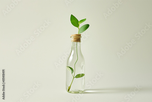 Showcase eco-awareness through a single bottle made of recyclable materials, set against a minimalist white background.