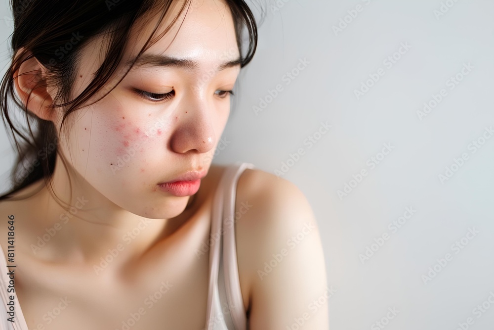 ニキビに悩む日本人の20代の女性 ニキビに悩む日本人の20代の女性
