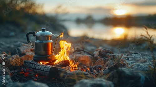 Vintage coffee pot on camping fire. Wonderful evening atmospheric background of campfire. Romantic warm place with fire
